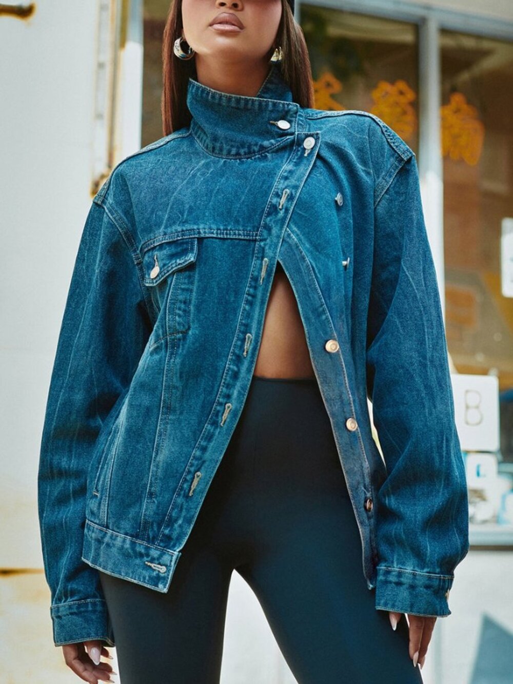 Funnel Neck Denim Trucker Jacket